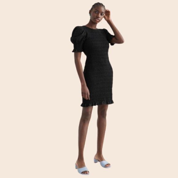 & Other Stories Black Smocked Puff Sleeve Mini Dress Size Small - Picture 1 of 12